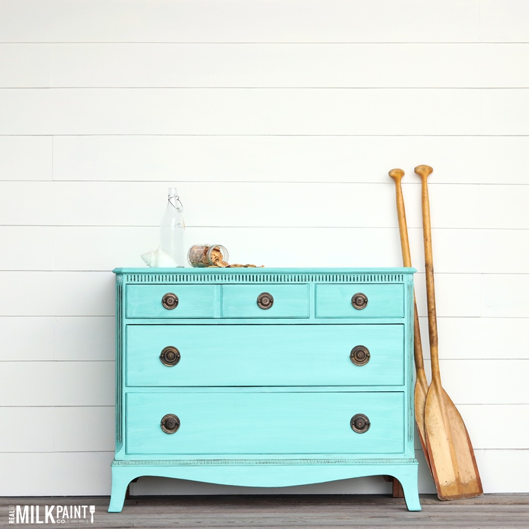 Caribbean blue painting antique wood furniture with milk paint
