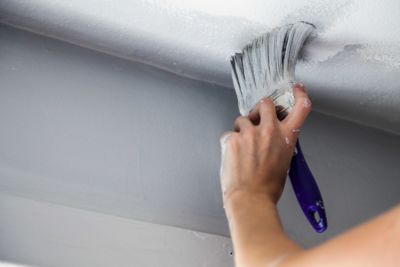 DIYer painting the basement ceiling gray with milk paint