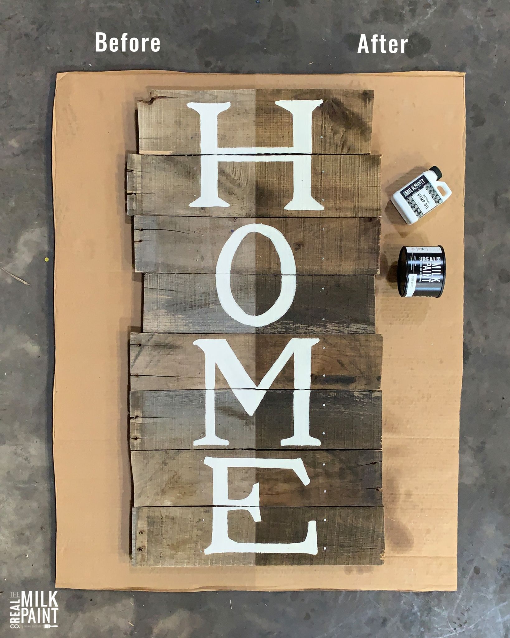 before and after pallet painted with hemp oil