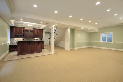 newly renovated basement using real milk paint to paint the ceiling