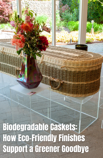 Wicker eco-friendly casket displayed in a natural light setting as part of a sustainable burial arrangement