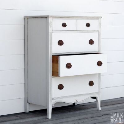 white upcycled cabinet using real milk paint
