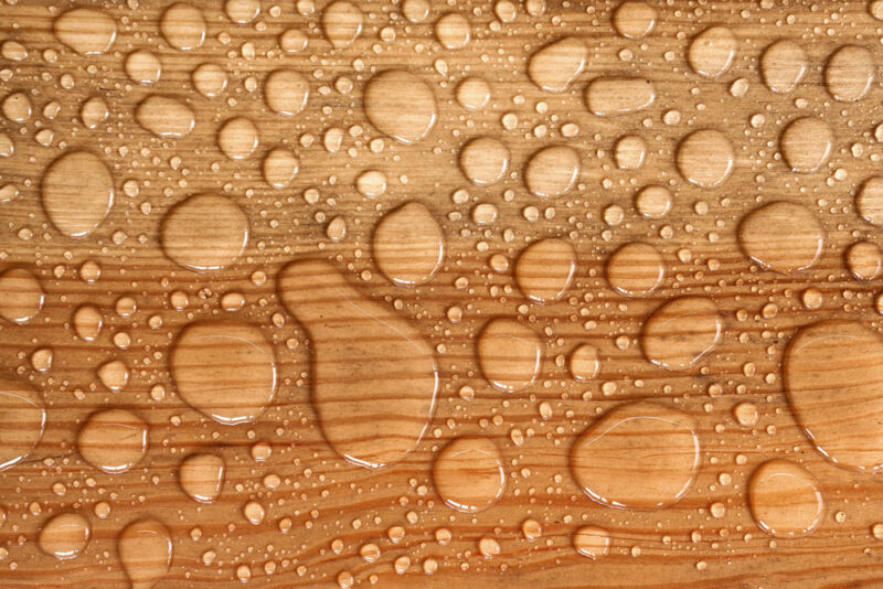 Macro shot of water droplets on light-colored wood showcasing the effect of water popping wood